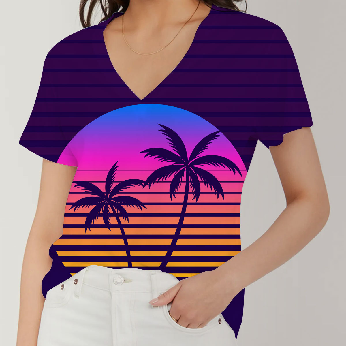 Tropical Purple Sunrise V-Neck Women's T-Shirt
