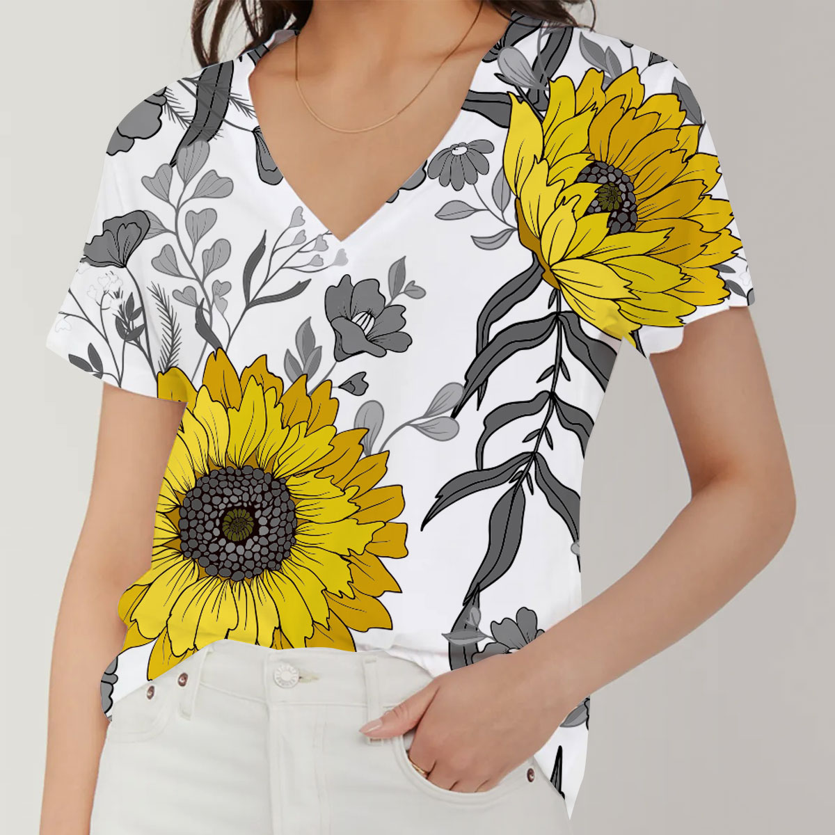 Vintage White Sunflower V-Neck Women's T-Shirt