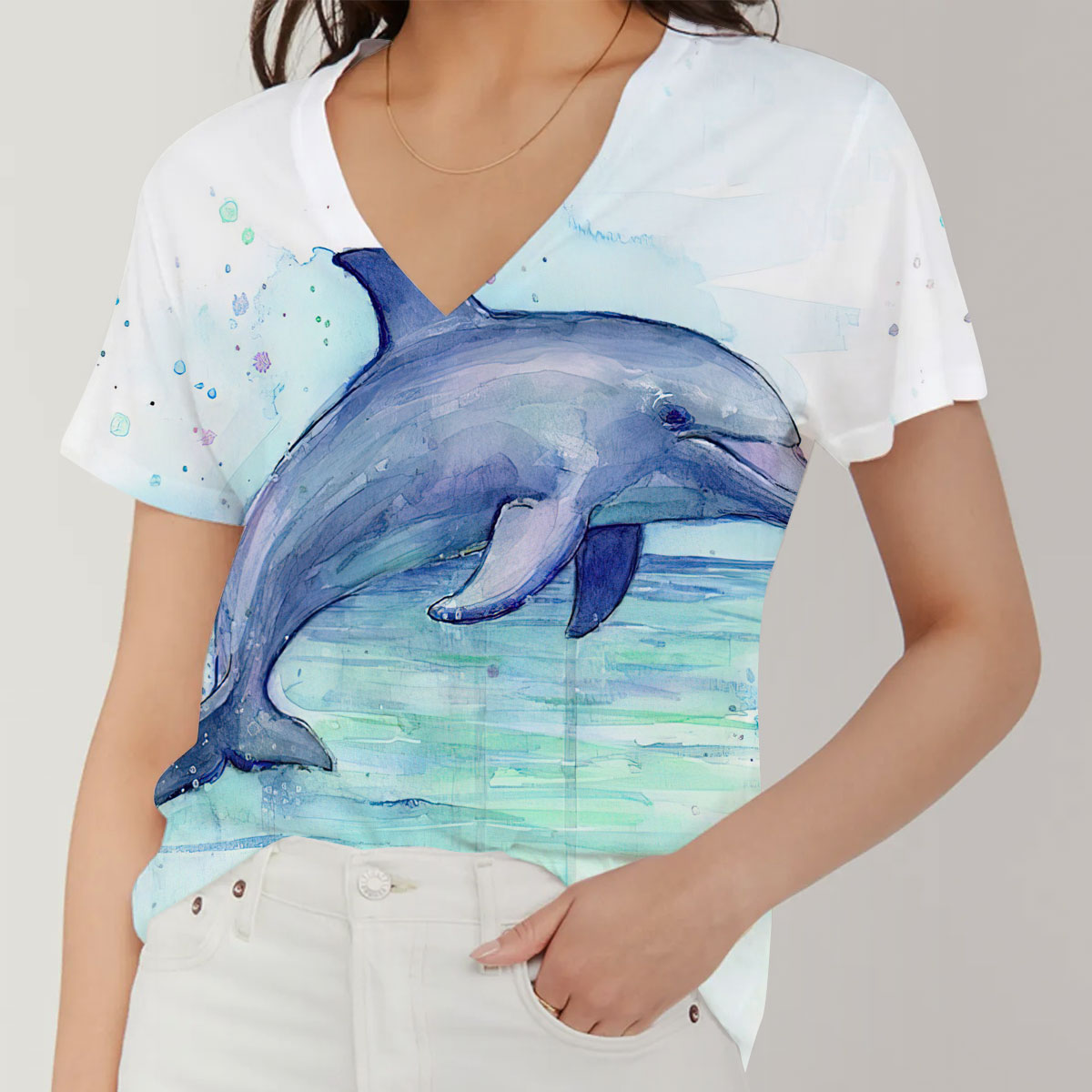 Water Color Dolpin V-Neck Women's T-Shirt