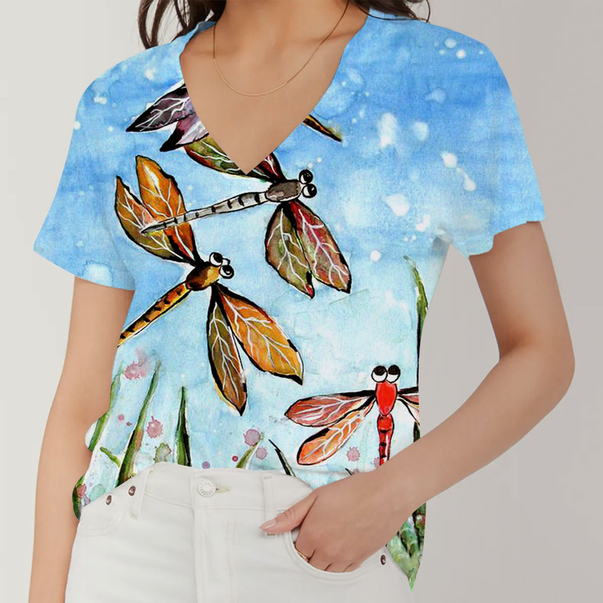 Water Color Dragonfly V-Neck Women's T-Shirt