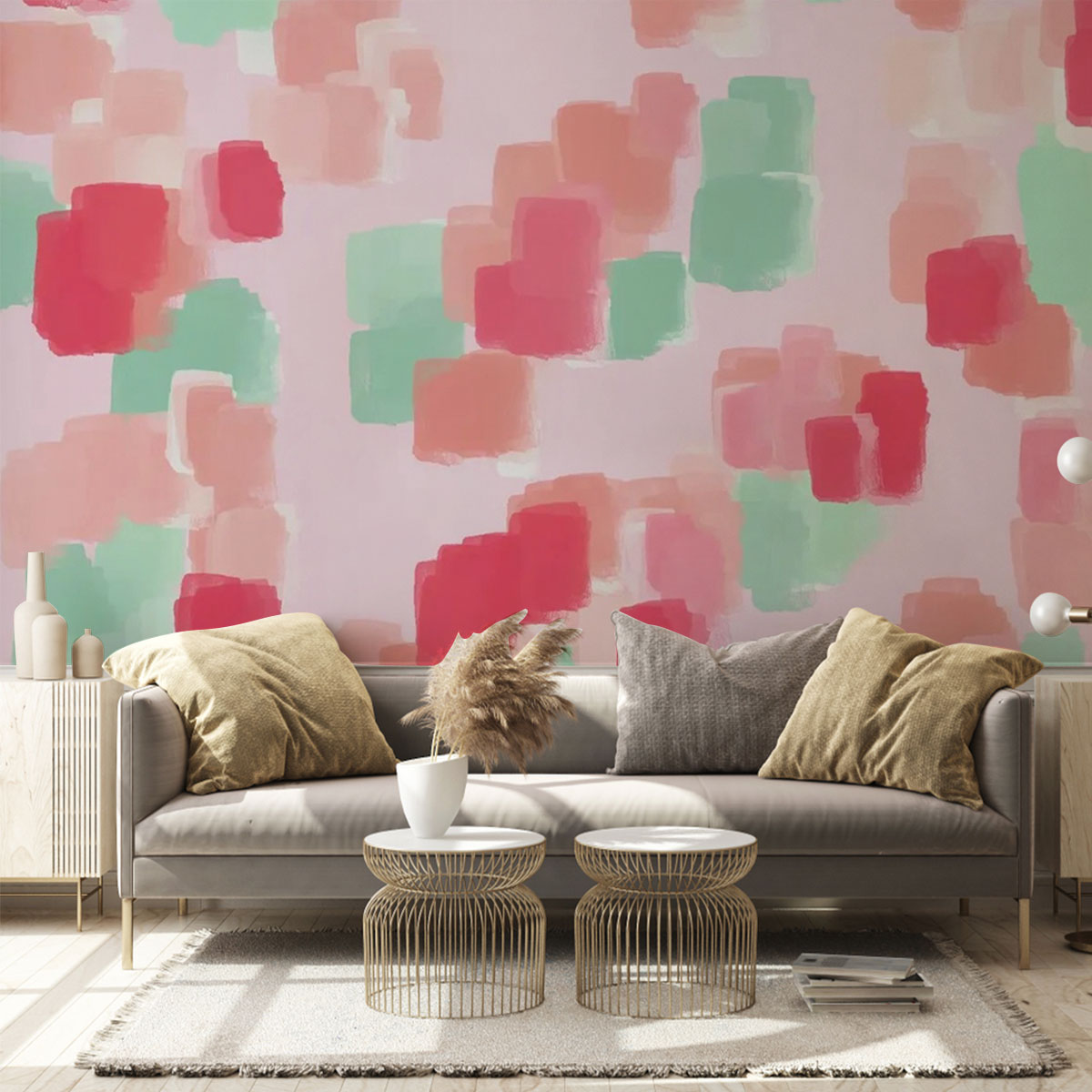 Pastel Teal And Red Abstract Floral Wall Mural
