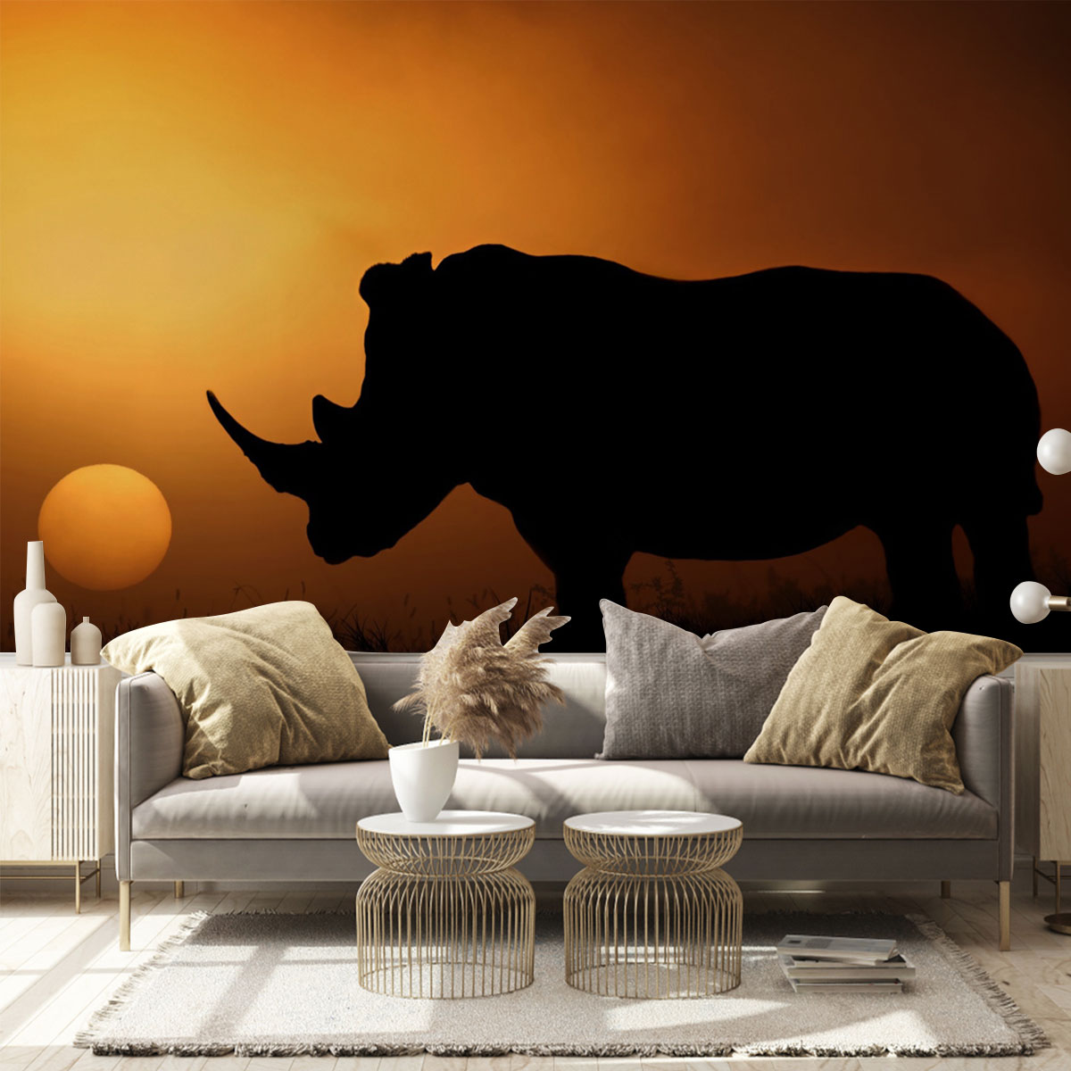 Rhino Under The Sunset Wall Mural