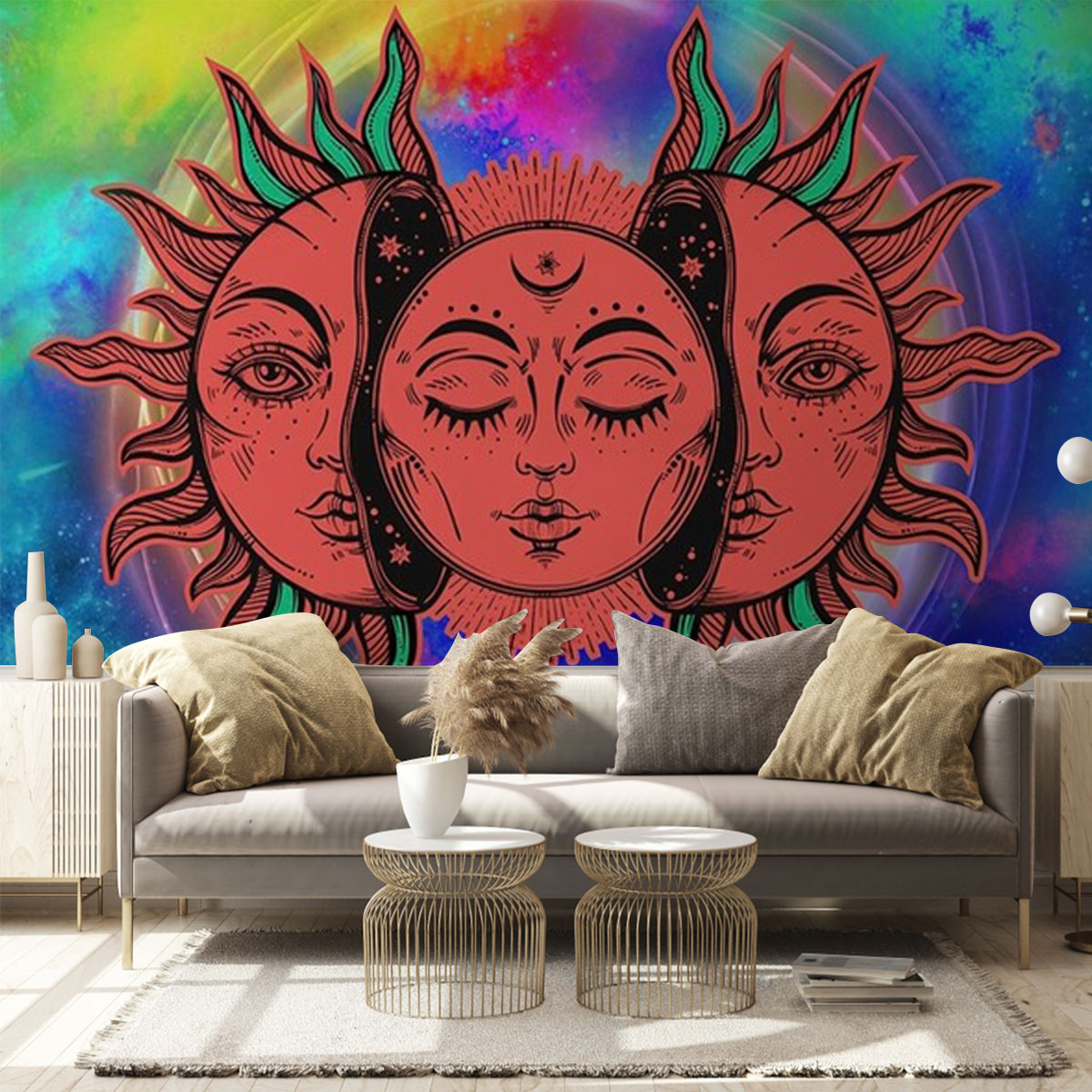 Trippy Sun and Moon Tapestry Wall Mural
