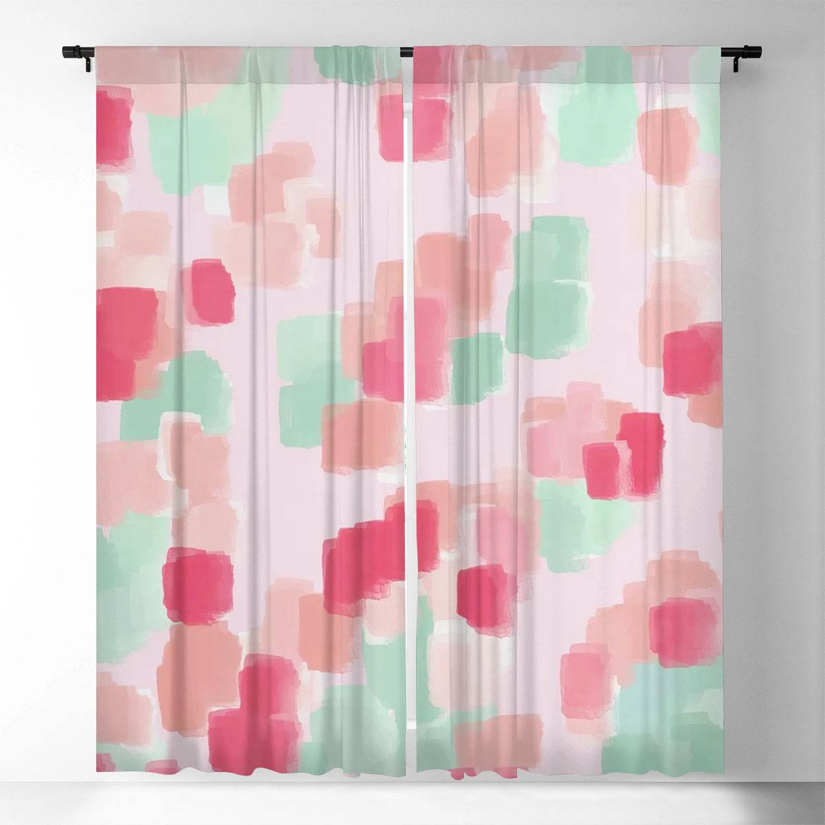 Pastel Teal And Red Abstract Floral Window Curtain