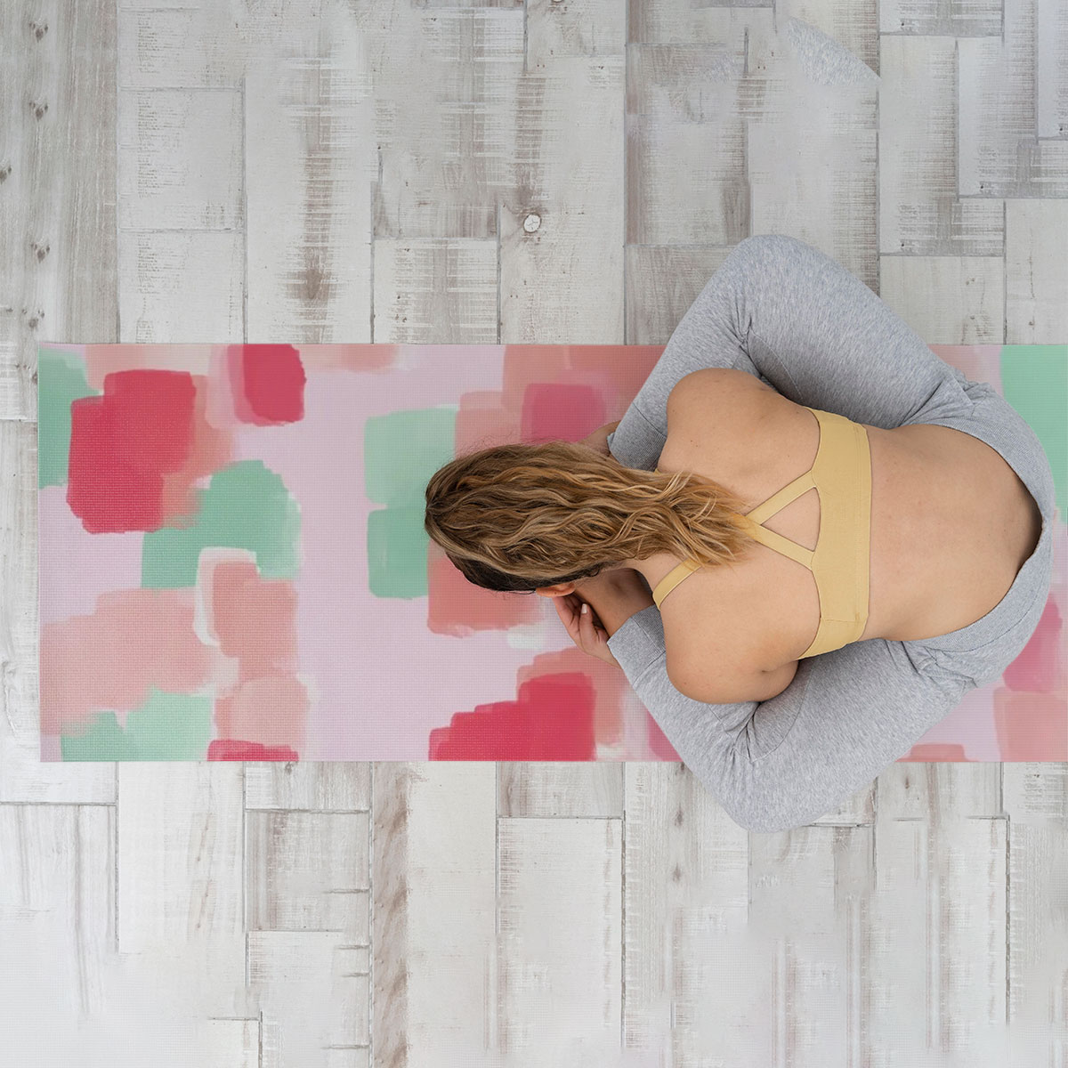Pastel Teal And Red Abstract Floral Yoga Mat