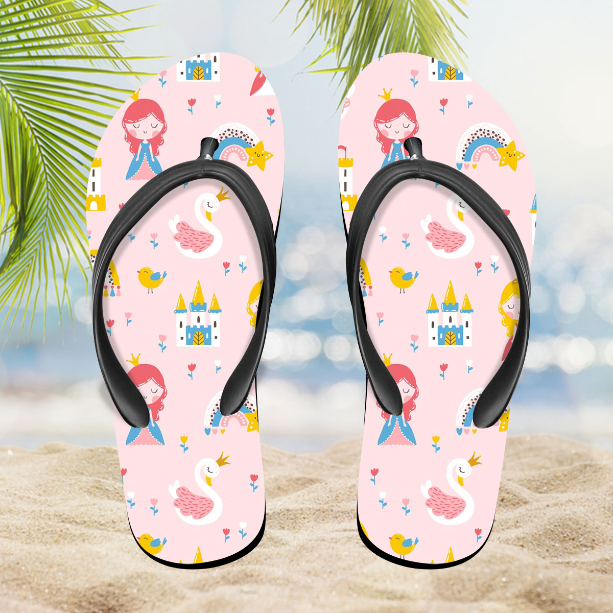 Princess With Swan Castle Rainbow And Flowers Flip Flop