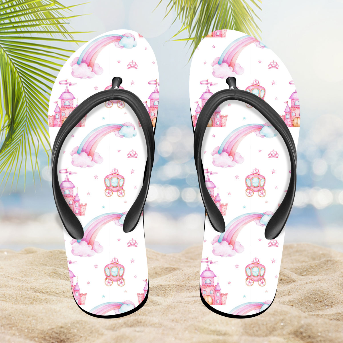 Seamless Pattern With Rainbow, Carriage And Castle Flip Flop