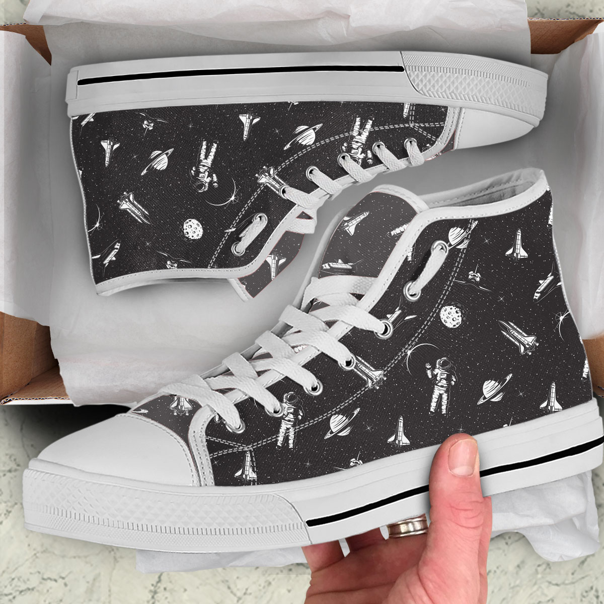 3D Black And White Astronaut High Top Shoes