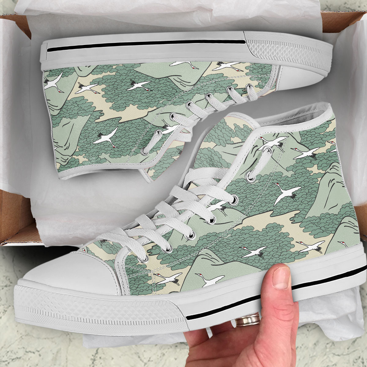 Crane Flying Over Mountain High Top Shoes