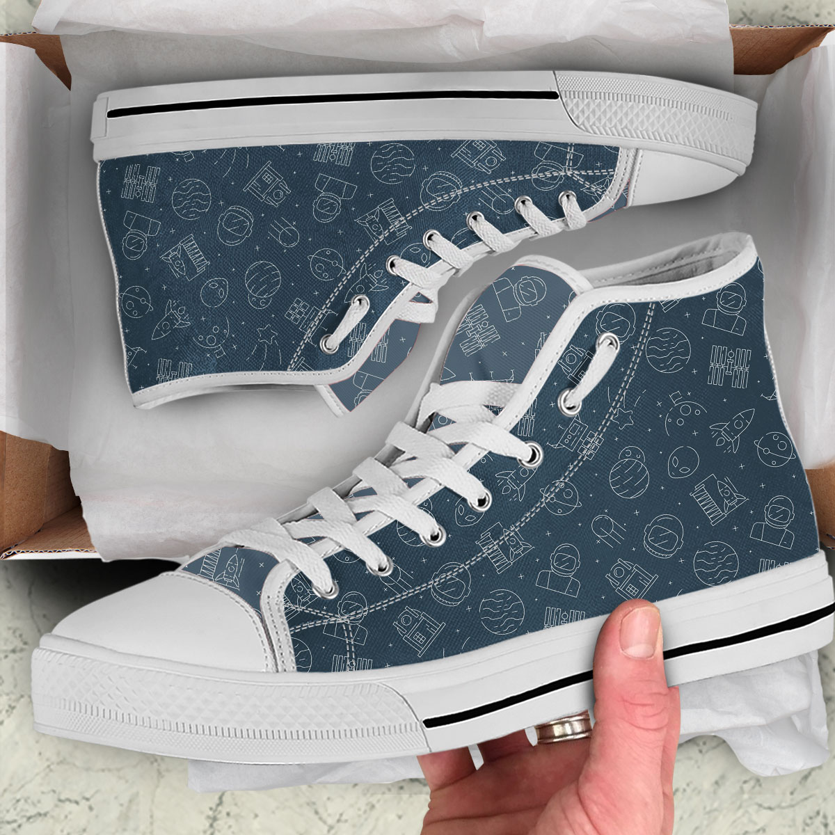 Futuristic Universe Background With Astronaut High Top Shoes