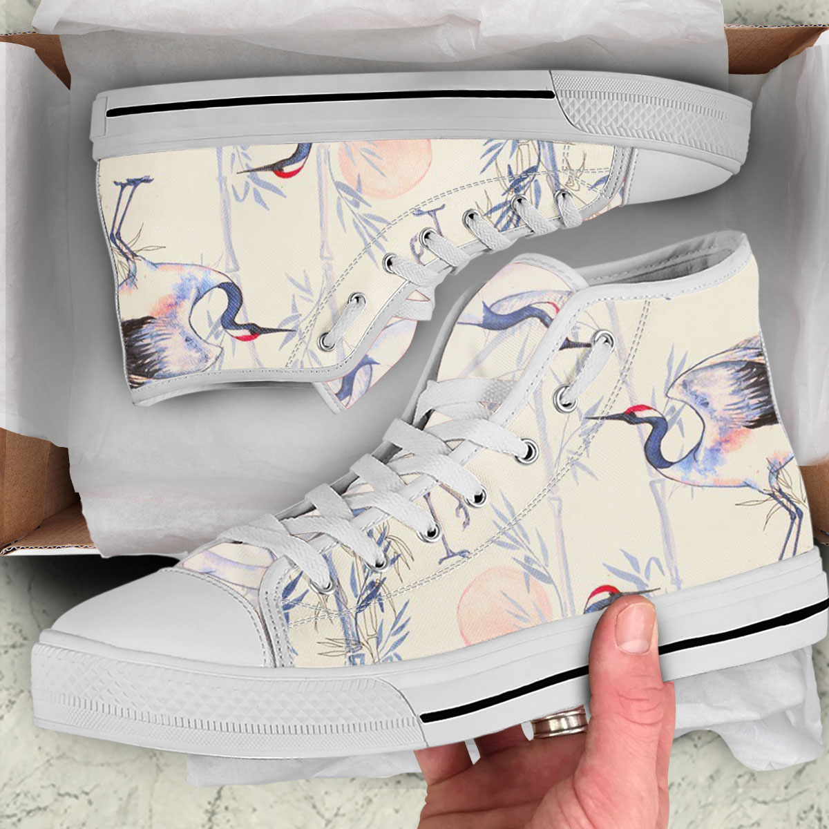 Hand Draw Crane High Top Shoes