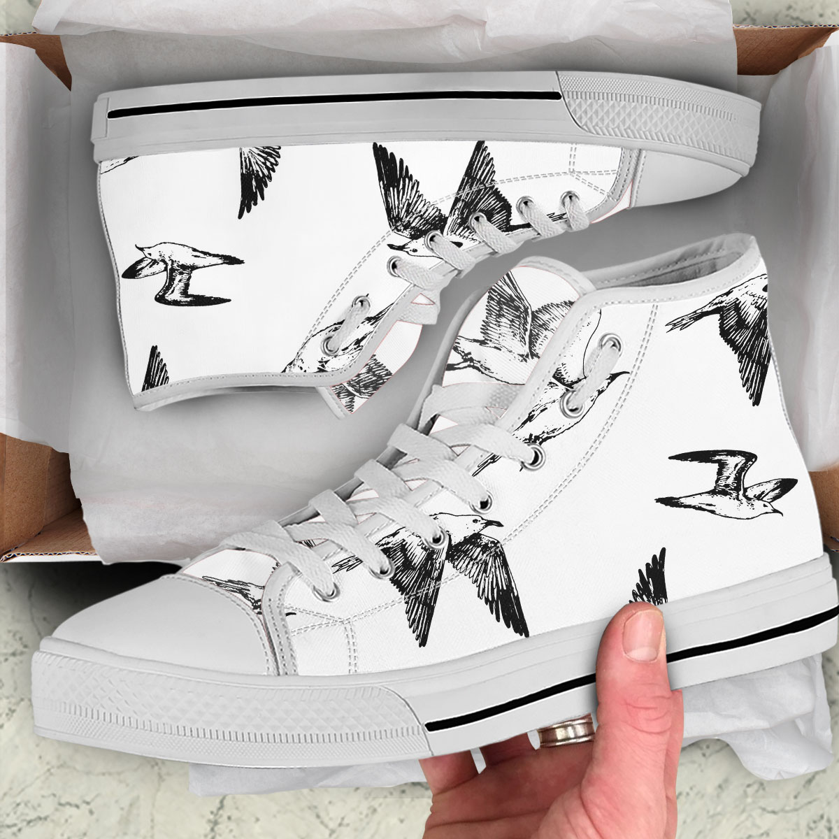 Hand Draw Seagull Art High Top Shoes
