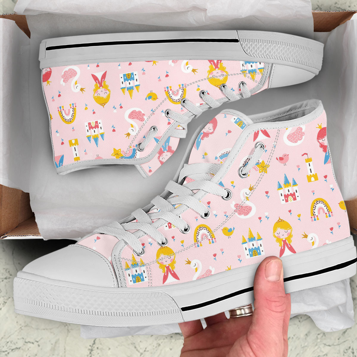 Princess With Swan Castle Rainbow And Flowers High Top Shoes