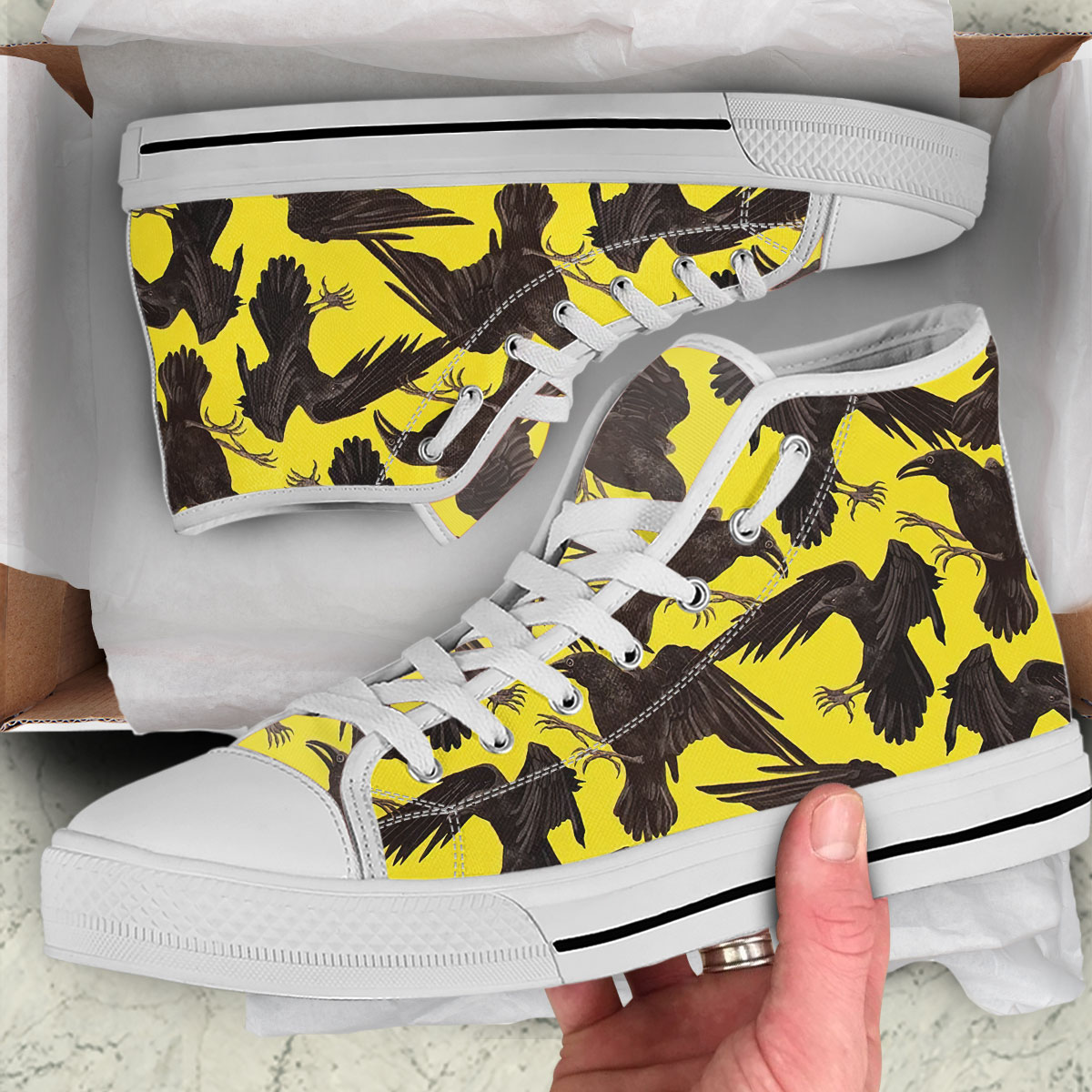 Raven On Yellow Background High Top Shoes