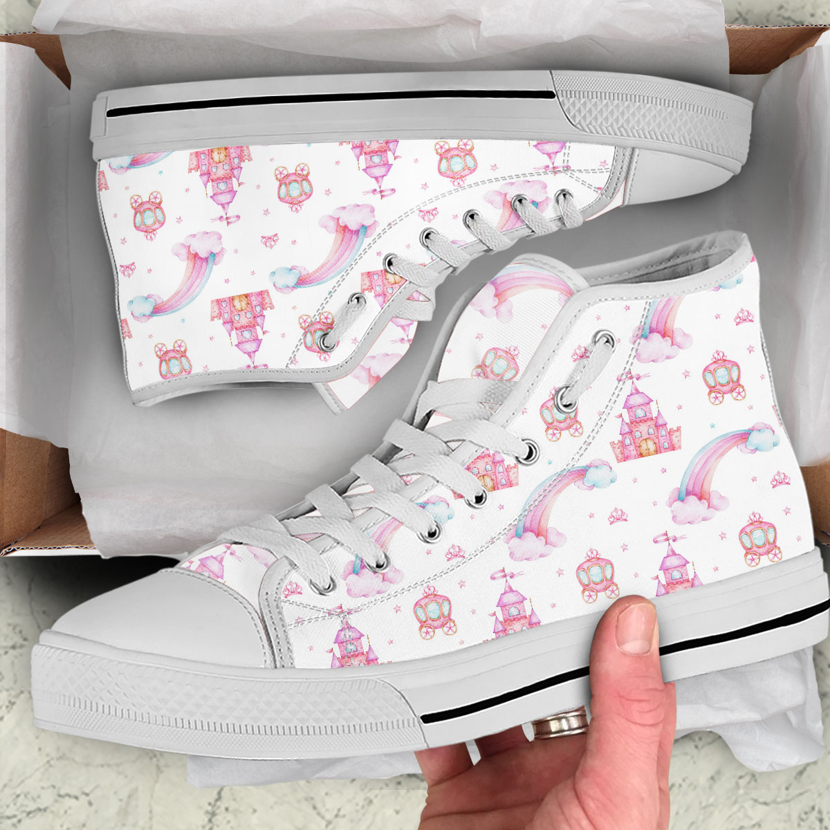 Seamless Pattern With Rainbow, Carriage And Castle High Top Shoes