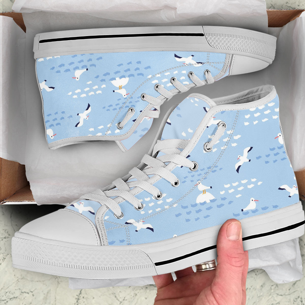 White Blue Seagull High Top Shoes
