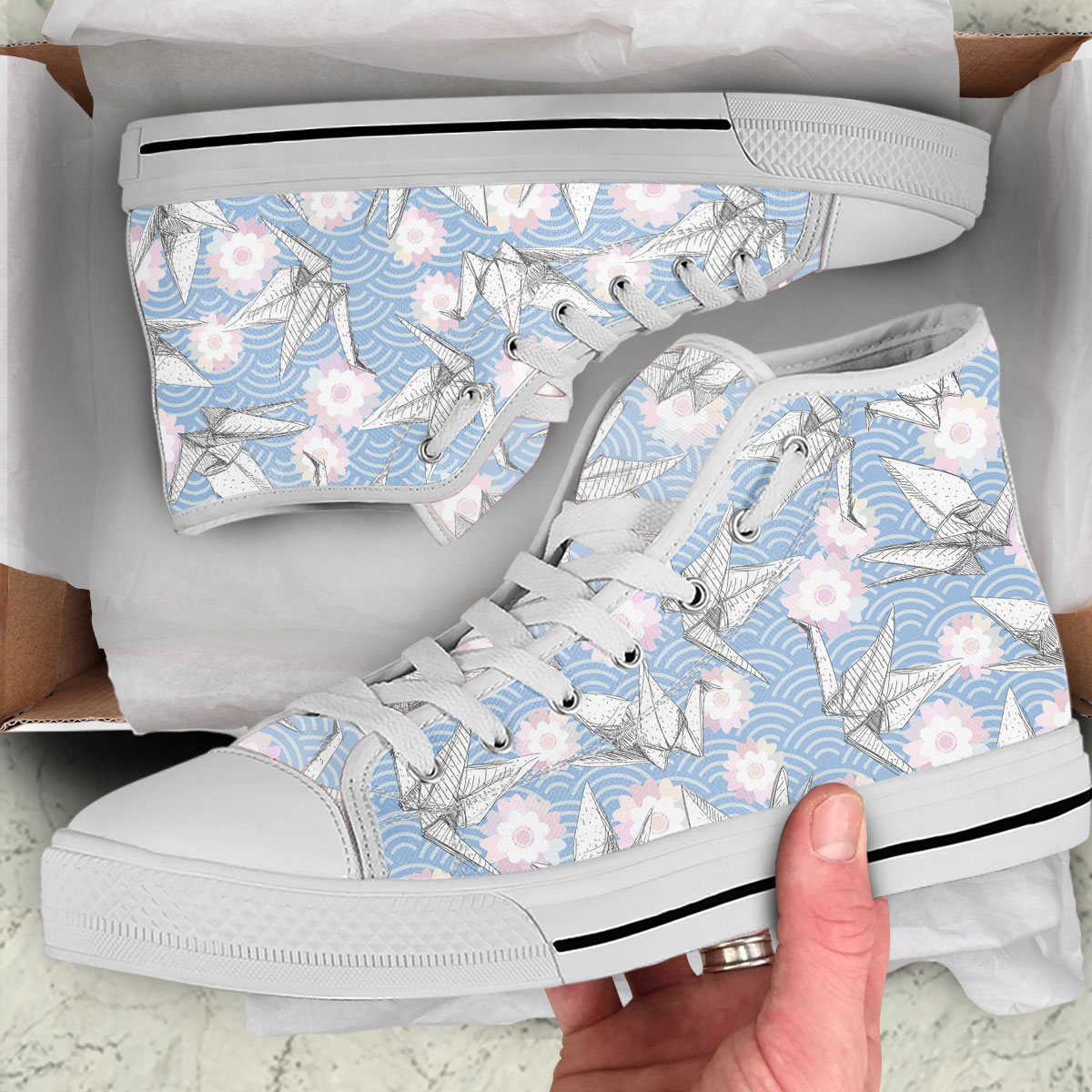 White Origami Paper Crane High Top Shoes