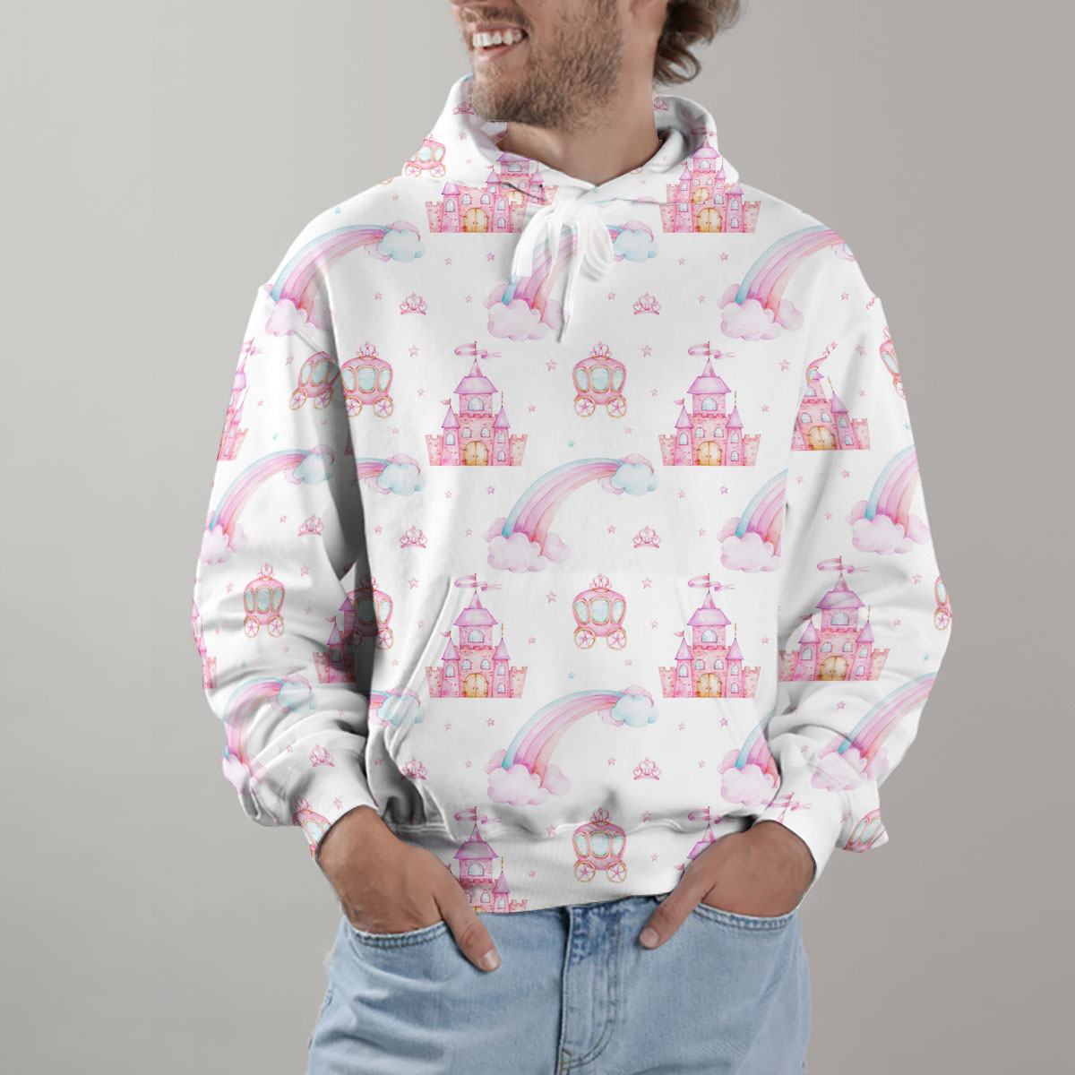 Seamless Pattern With Rainbow, Carriage And Castle Hoodie