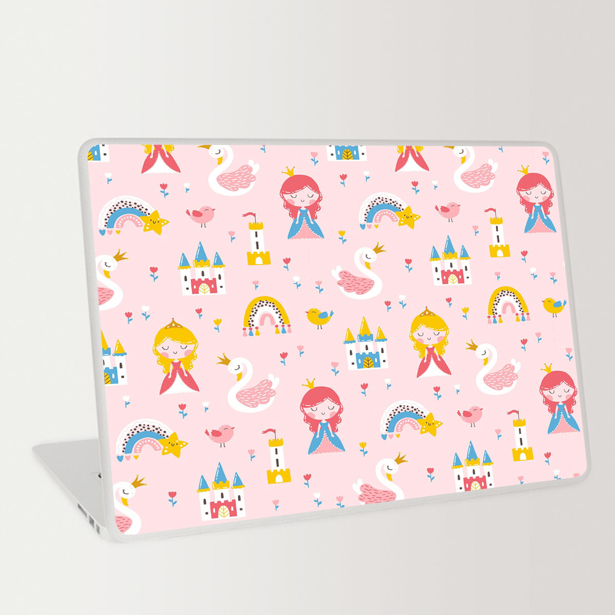Princess With Swan Castle Rainbow And Flowers Laptop Skin