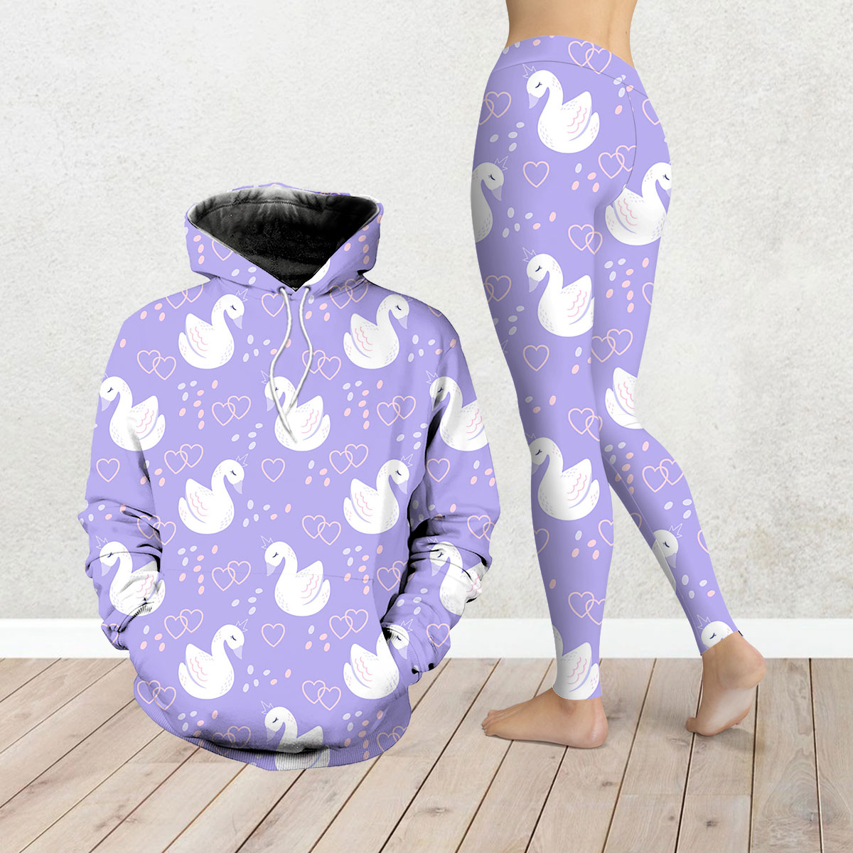 Cartoon Swan Purple Background Legging Hoodie Set