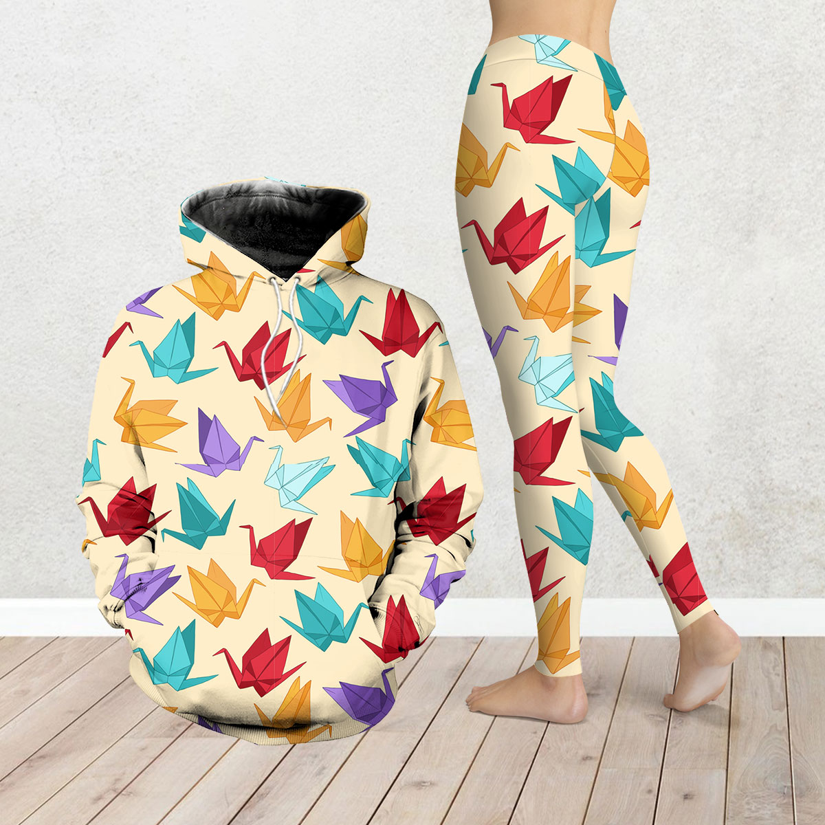 Colorful Origami Crane Legging Hoodie Set