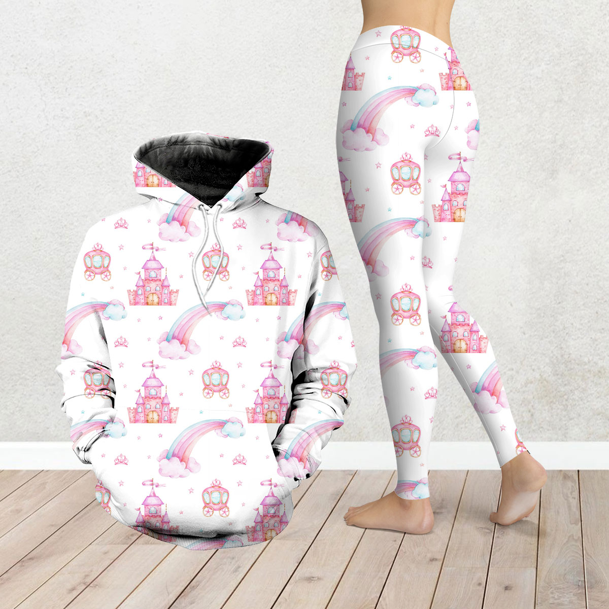 Seamless Pattern With Rainbow, Carriage And Castle Legging Hoodie Set