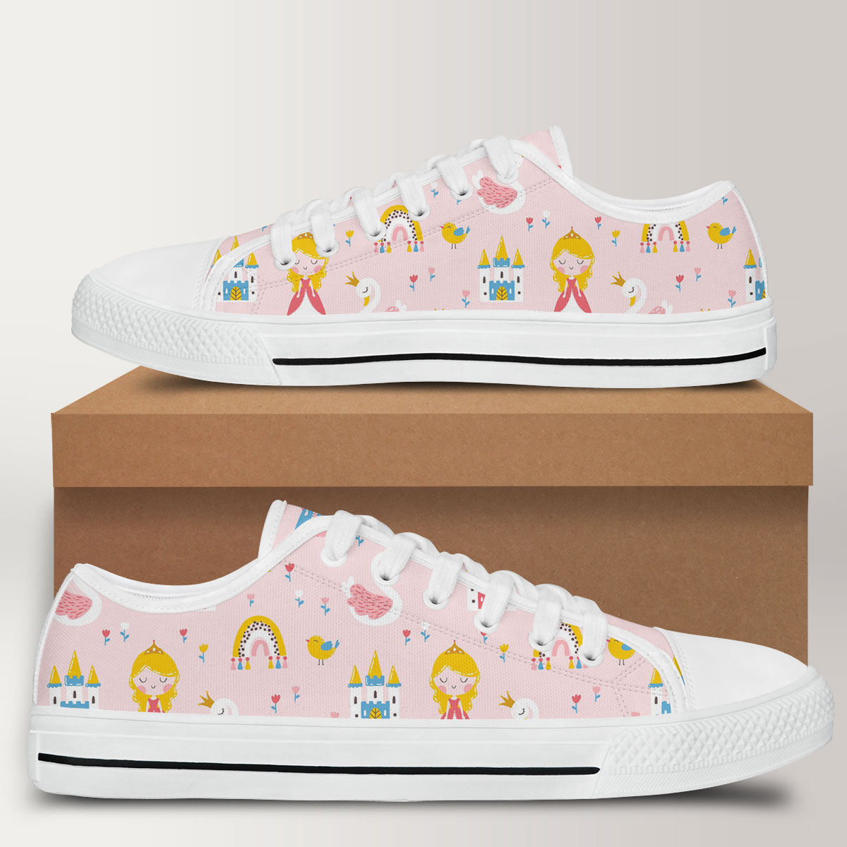 Princess With Swan Castle Rainbow And Flowers Low Top Shoes