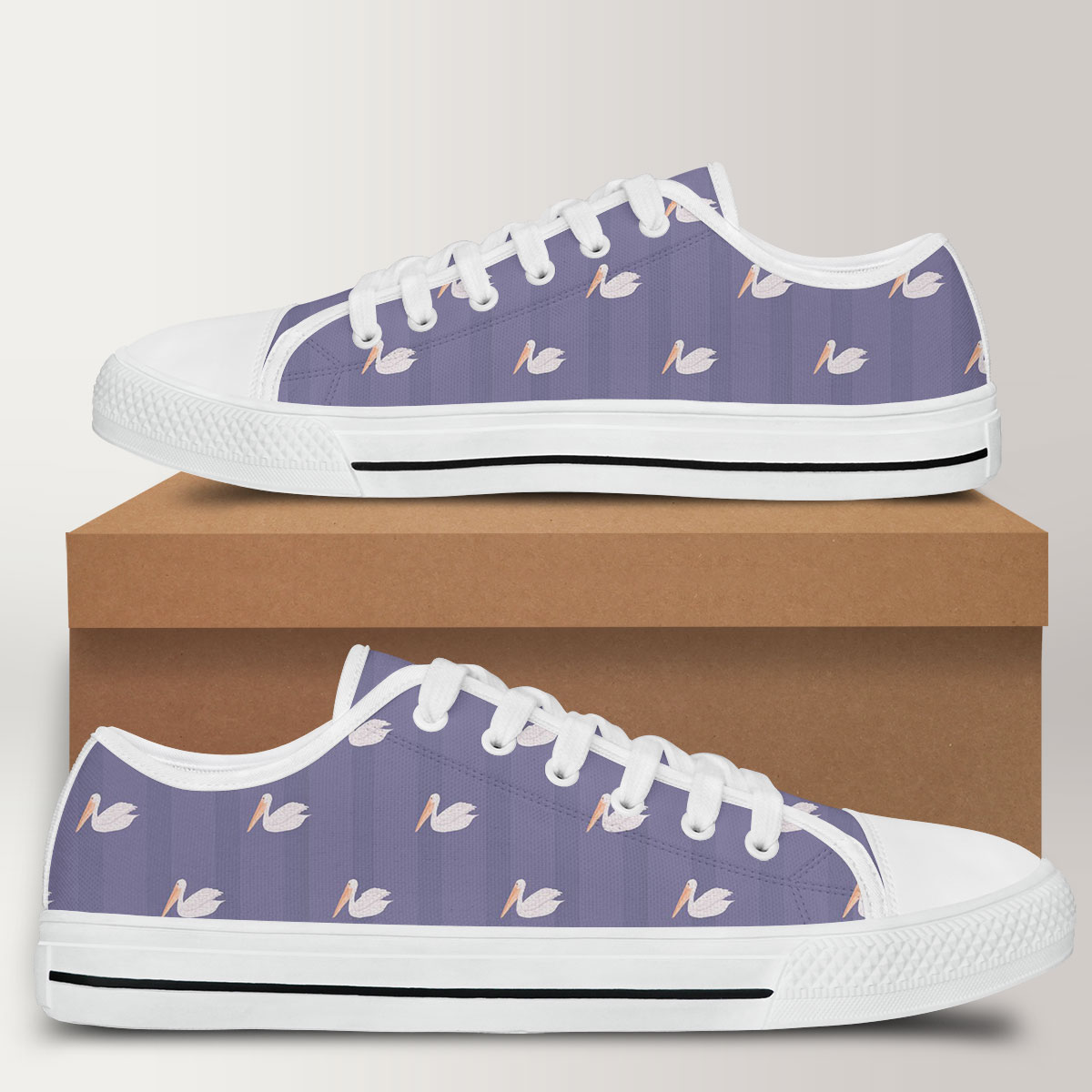 Sitting Pelican On Purple Low Top Shoes