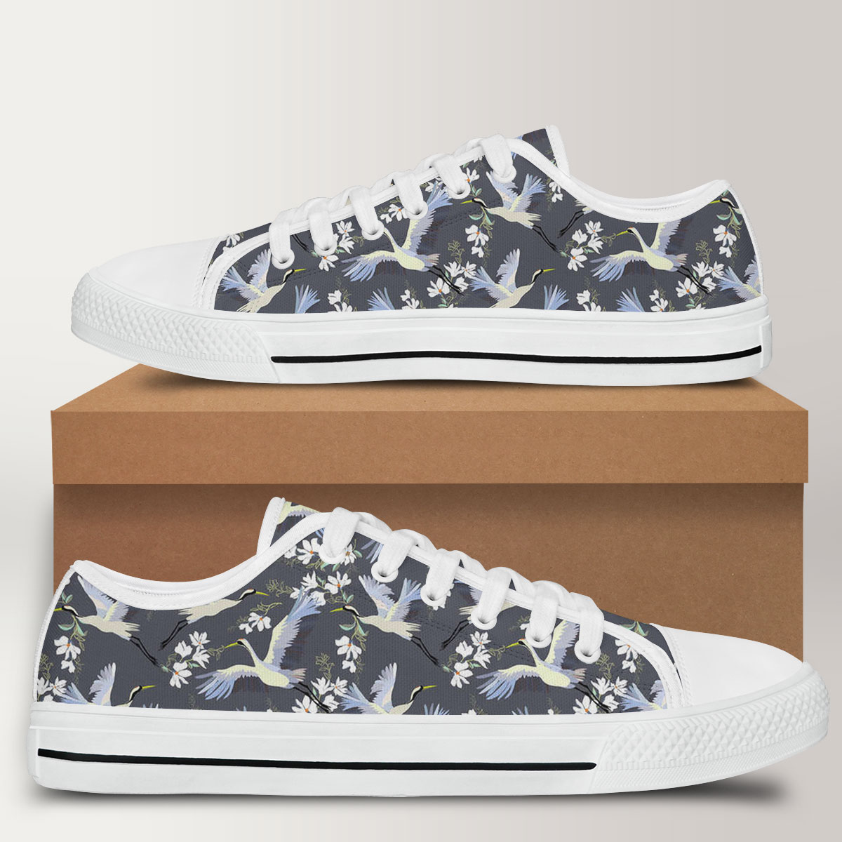 White Flower Crane Low Top Shoes