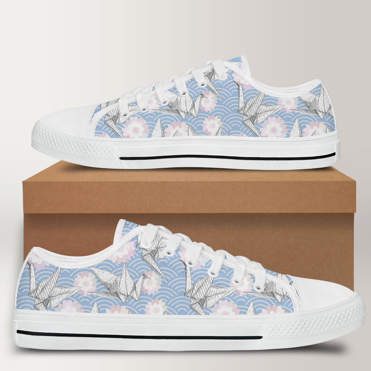 White Origami Paper Crane Low Top Shoes