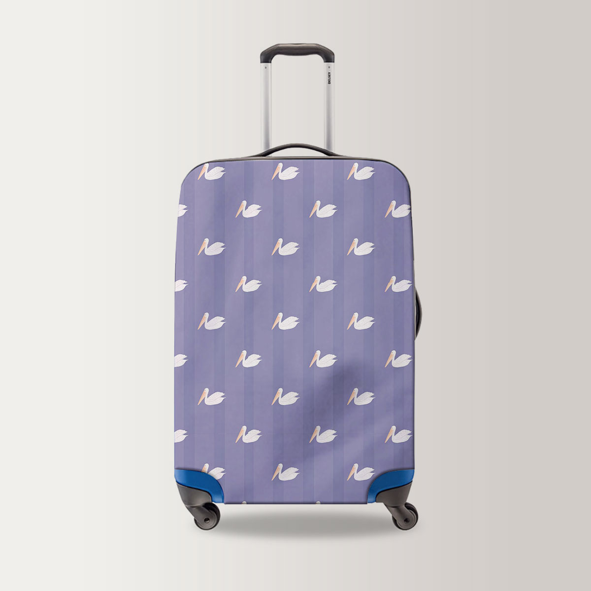 Sitting Pelican On Purple Luggage Bag