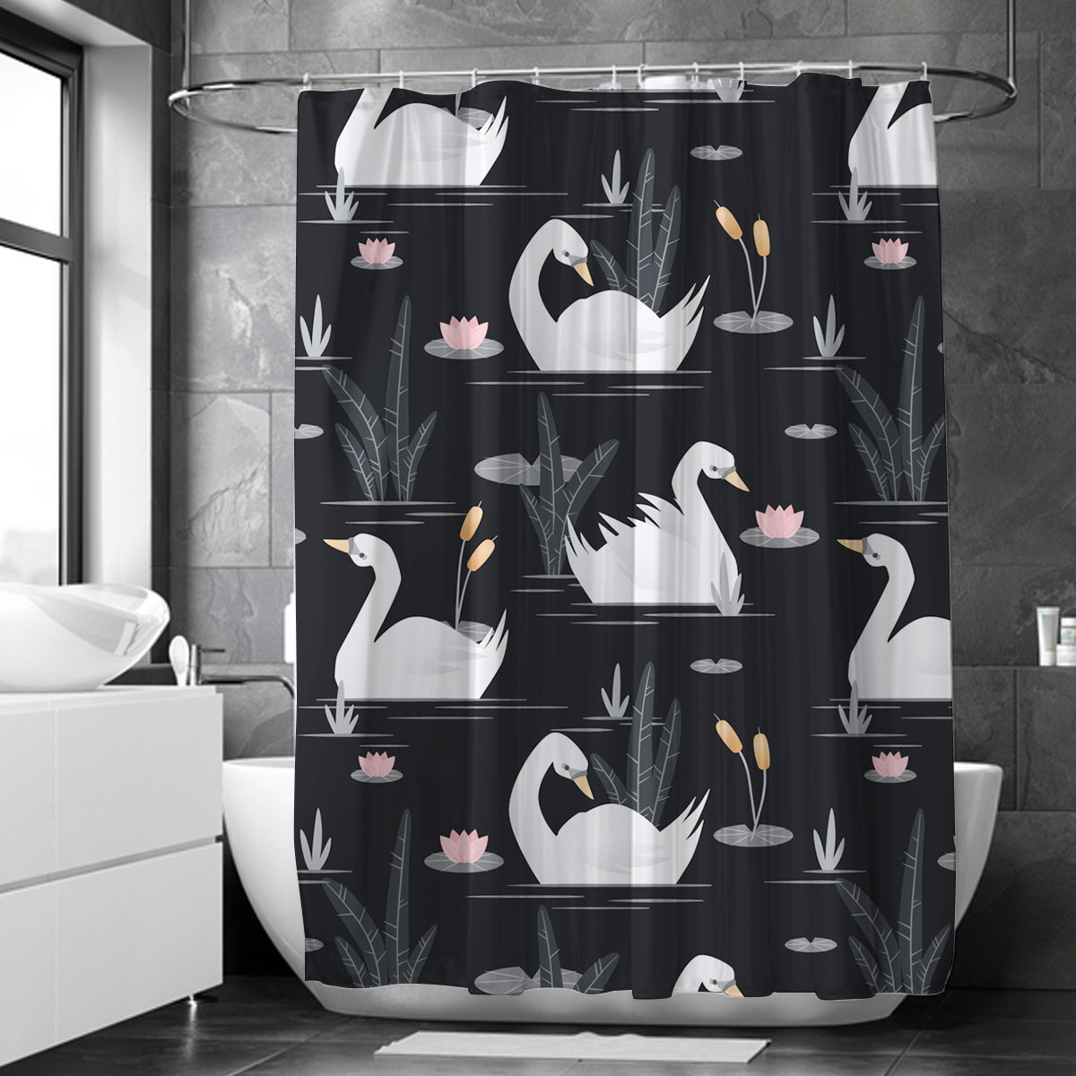 Black Lake White Swan Shower Curtain
