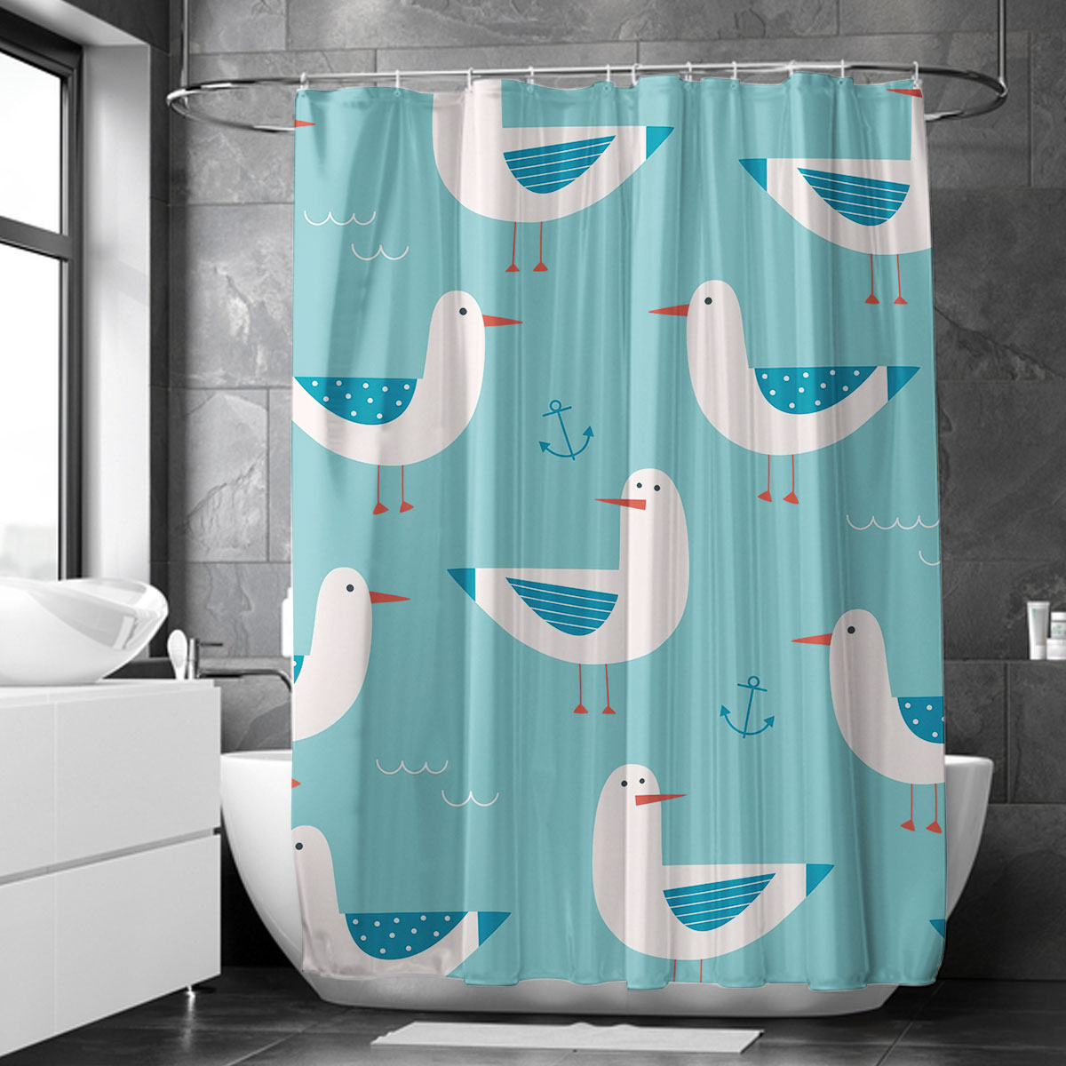 Blue Cartoon Seagull Shower Curtain