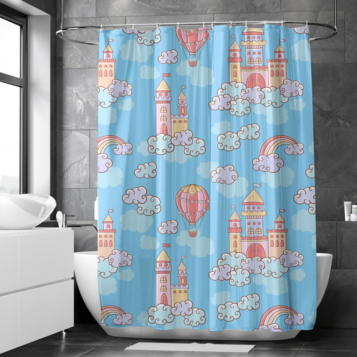 Blue Castle Colorful Fairytale Rainbow Shower Curtain