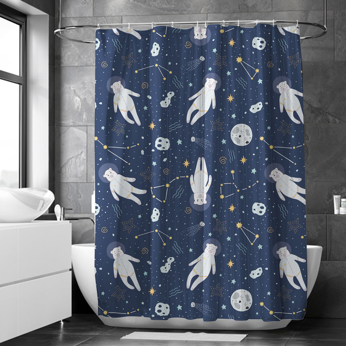 Cartoon Bear Astronaut Outer Space Shower Curtain