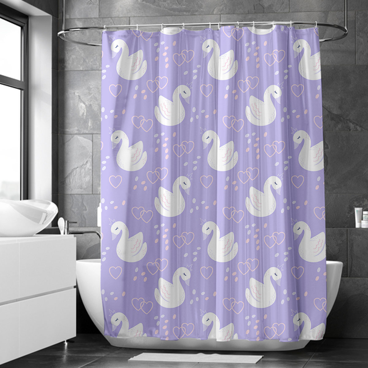 Cartoon Swan Purple Background Shower Curtain