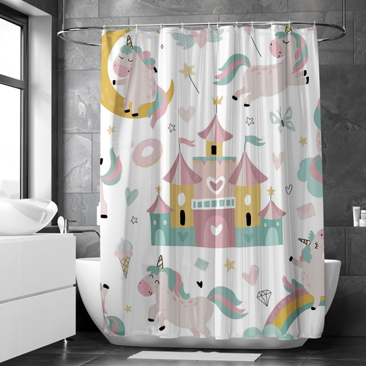 Funny Unicorn With Rainbow Castle Shower Curtain