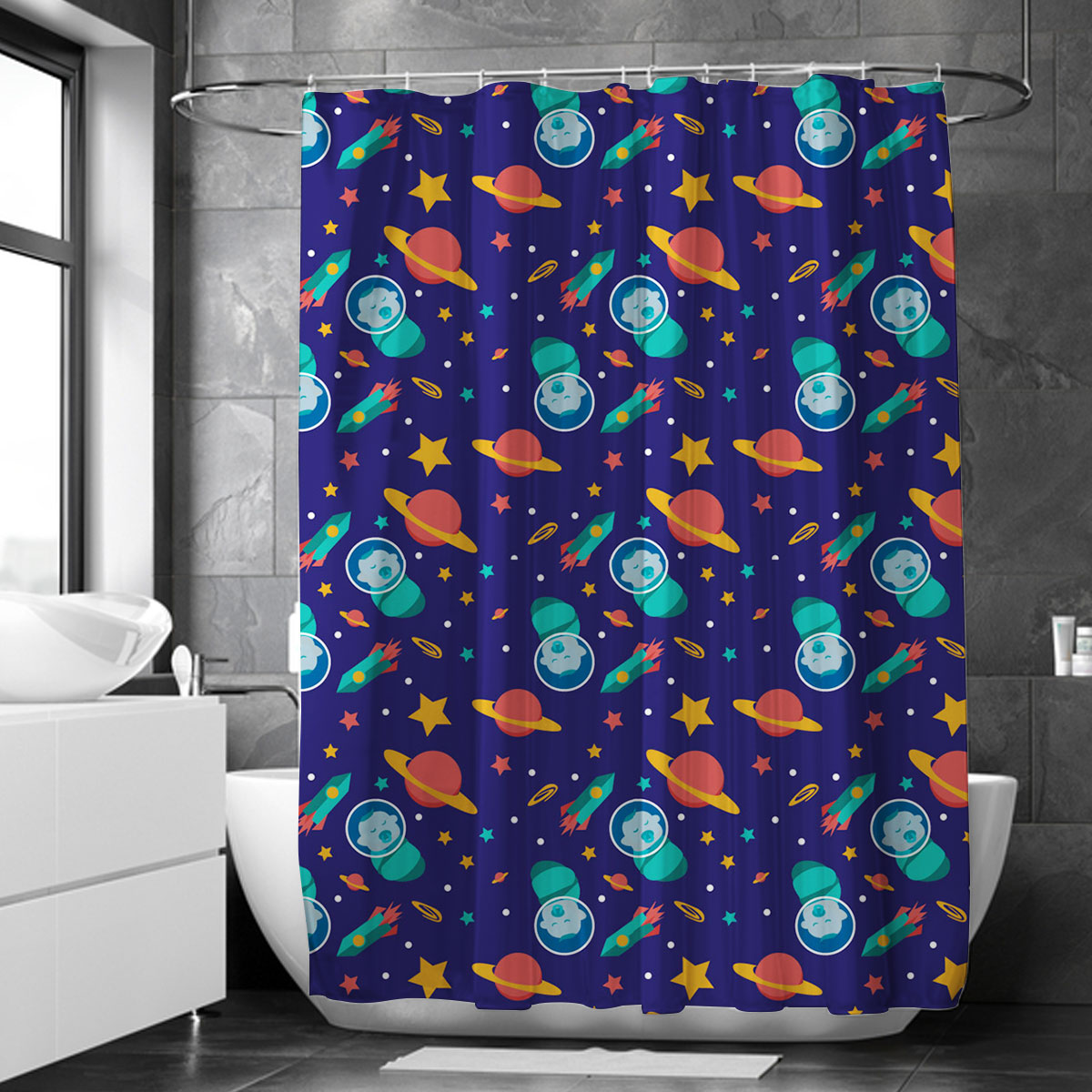 Galaxy Background With Baby Astronauts Shower Curtain
