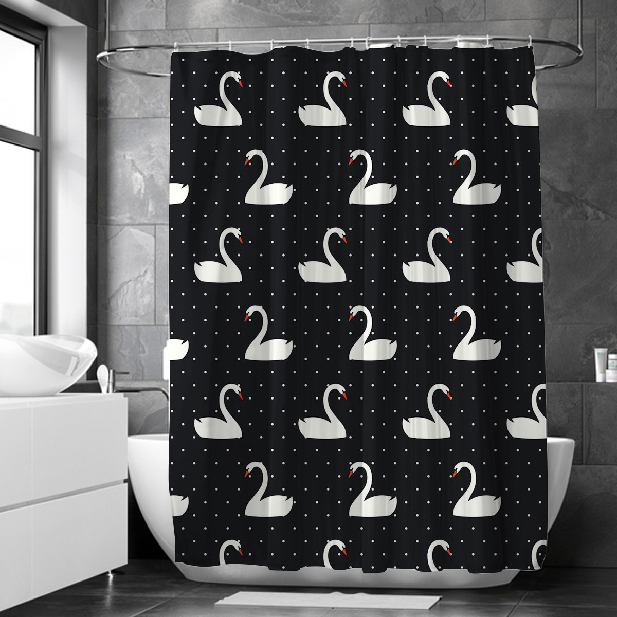 Polka Dots White Swan Monogram Shower Curtain