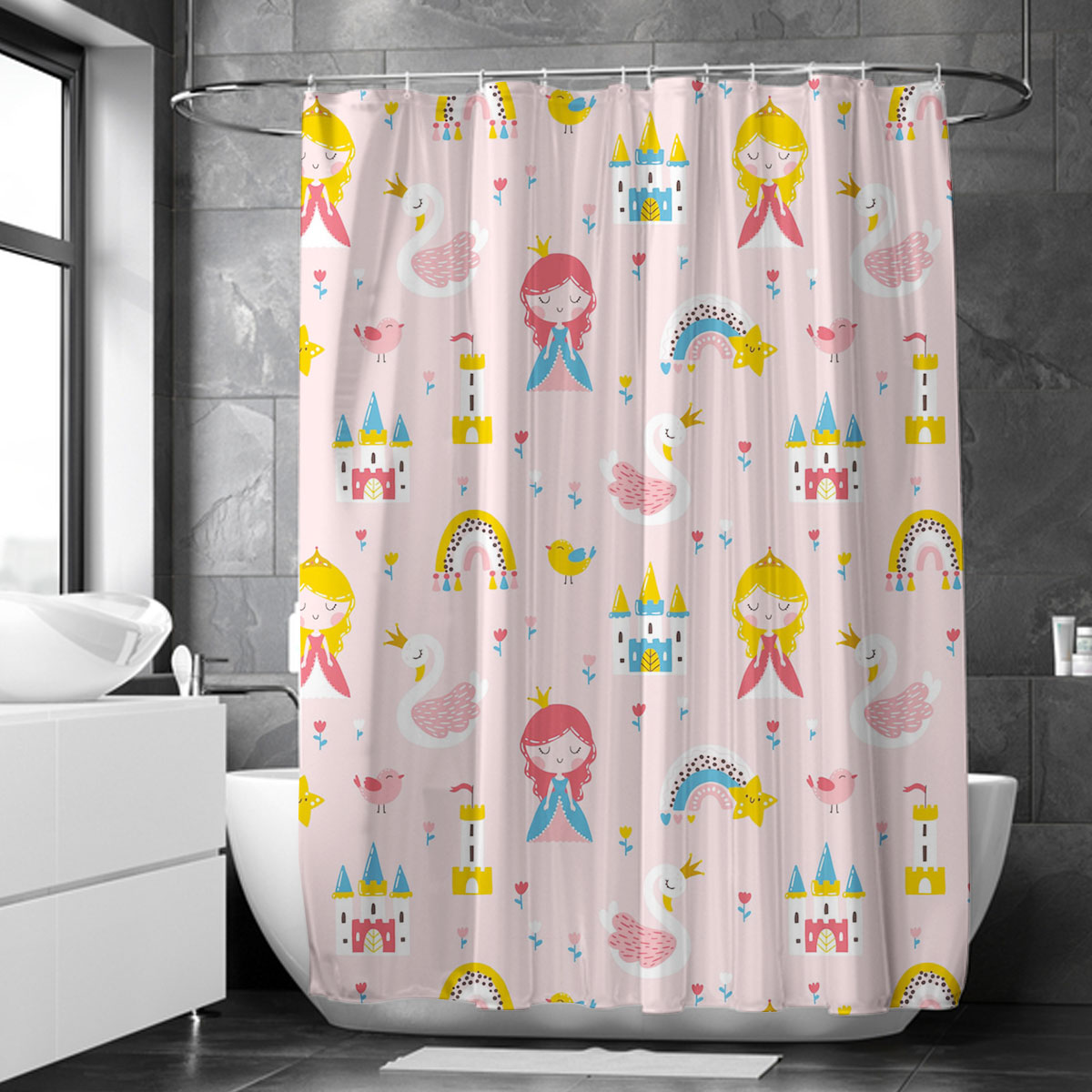 Princess With Swan Castle Rainbow And Flowers Shower Curtain