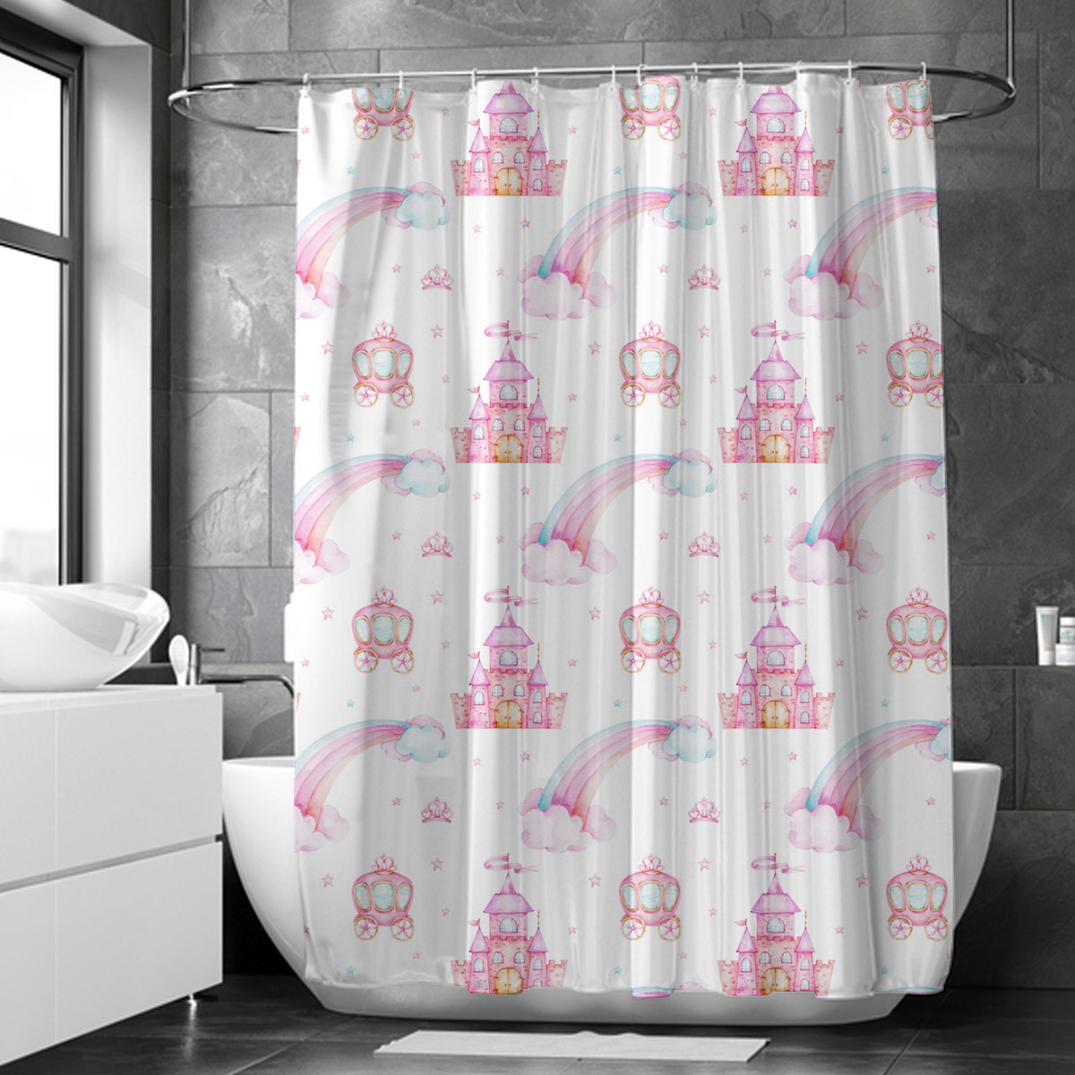 Seamless Pattern With Rainbow, Carriage And Castle Shower Curtain