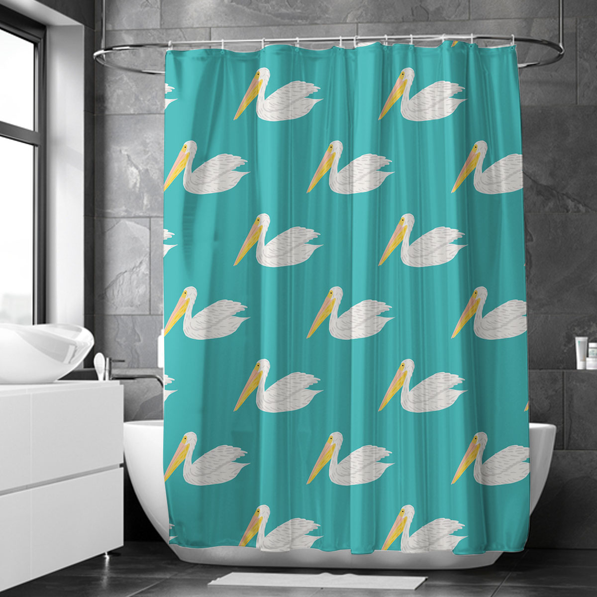 Sitting Pelican On Blue Shower Curtain
