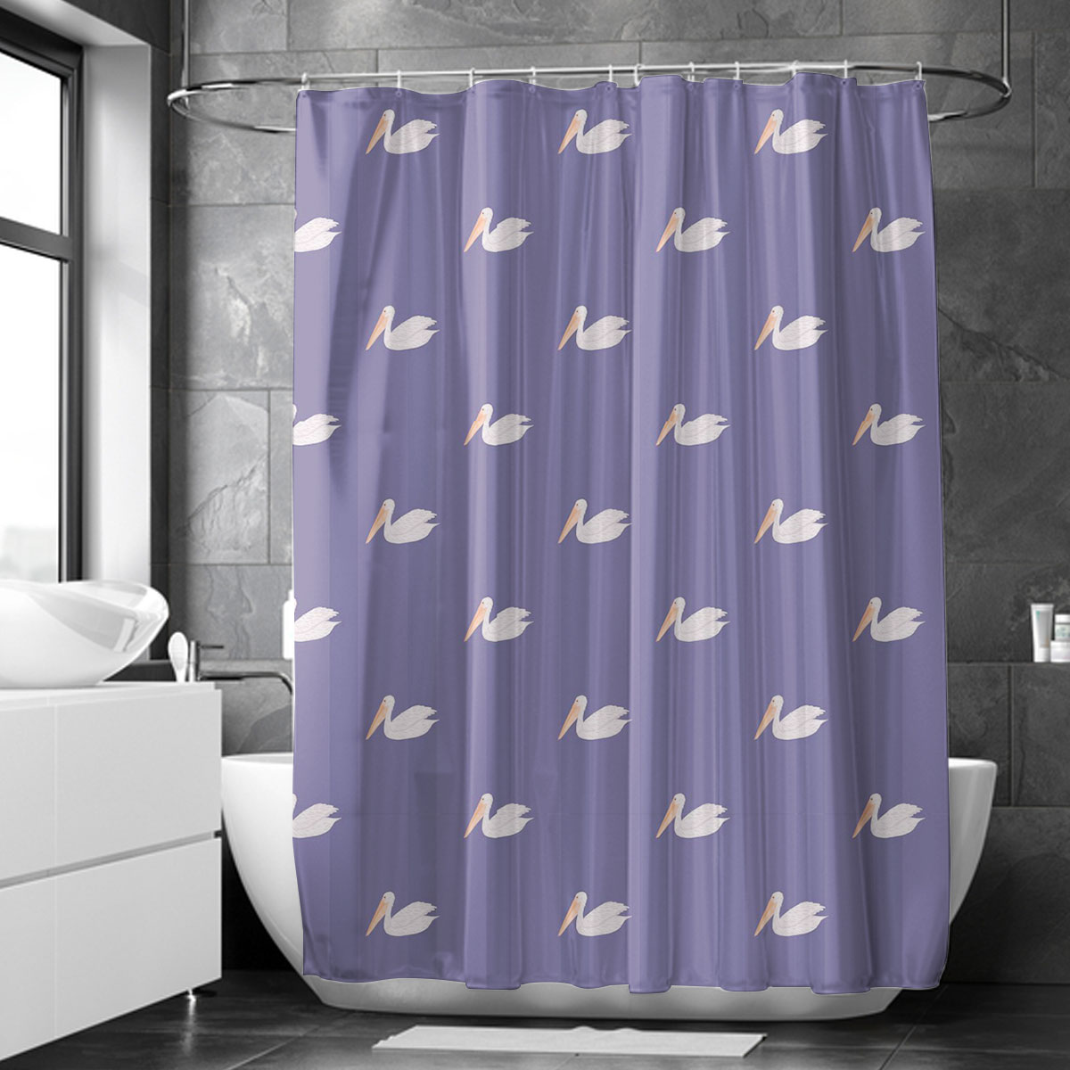 Sitting Pelican On Purple Shower Curtain
