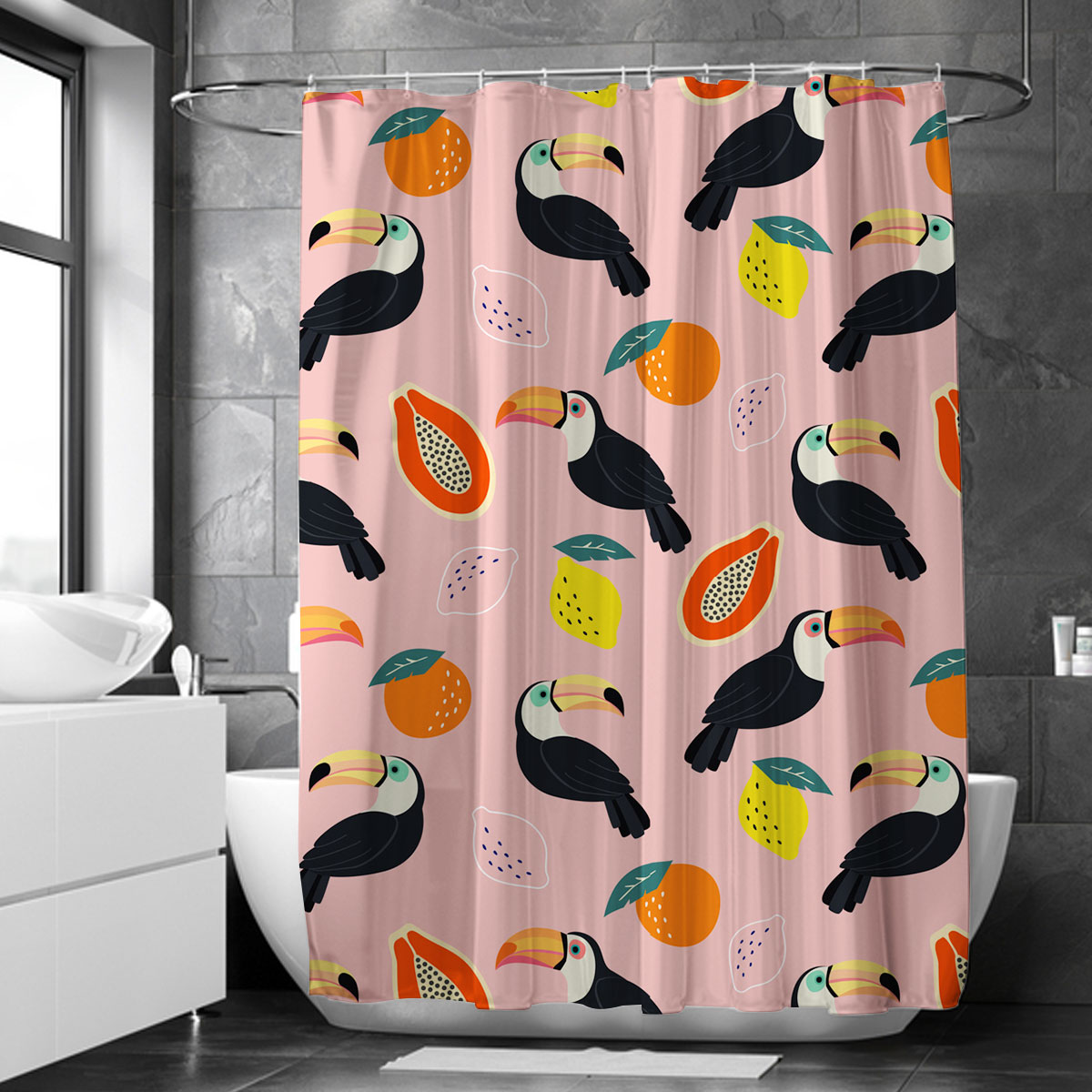 Toucan Tropical Pink Fruits Shower Curtain