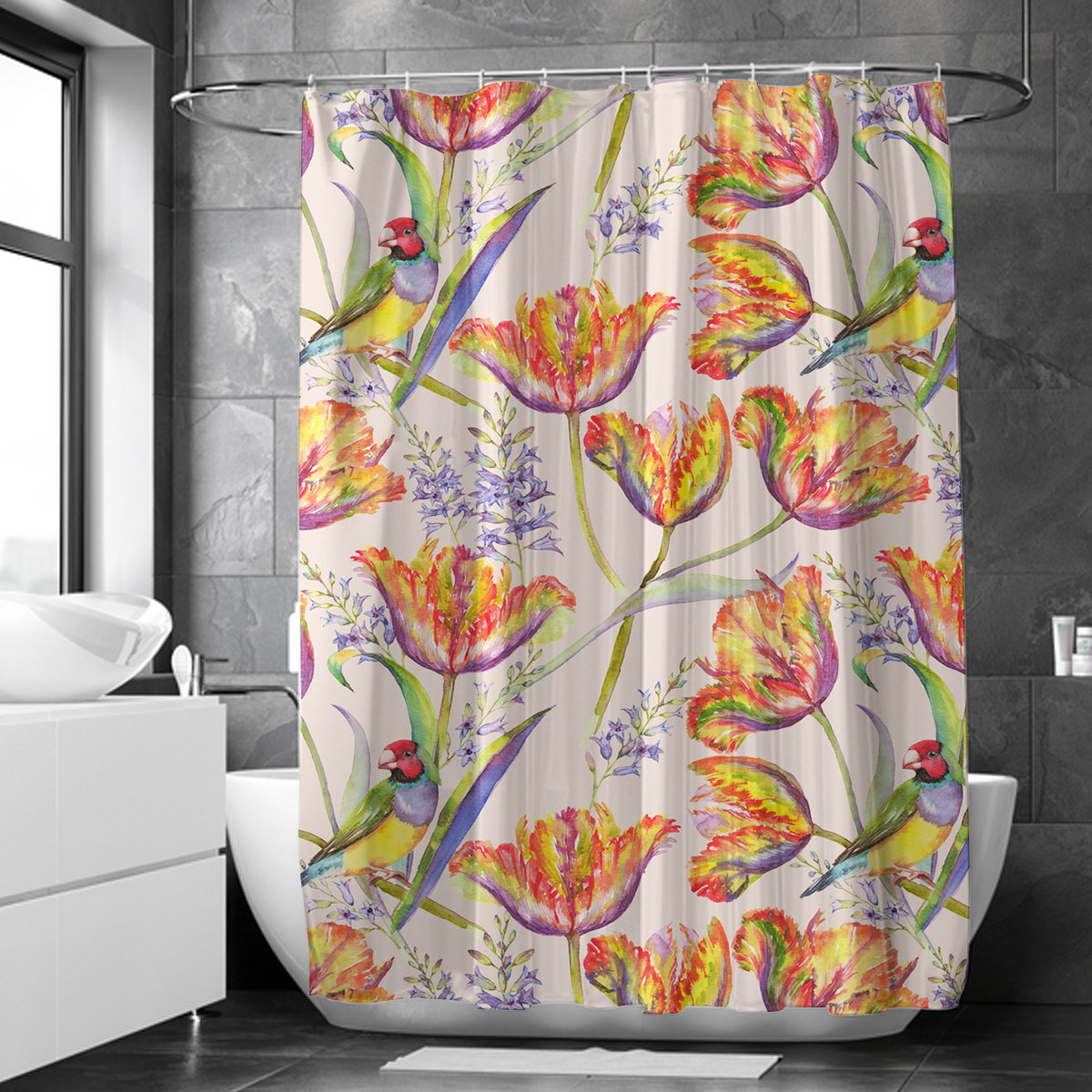 Tulips Floral Gouldian Finch Shower Curtain