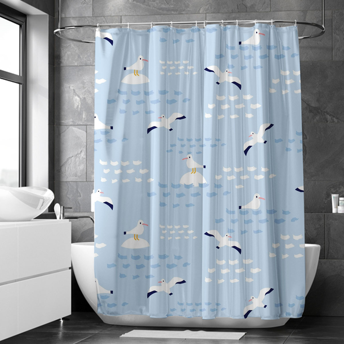 White Blue Seagull Shower Curtain