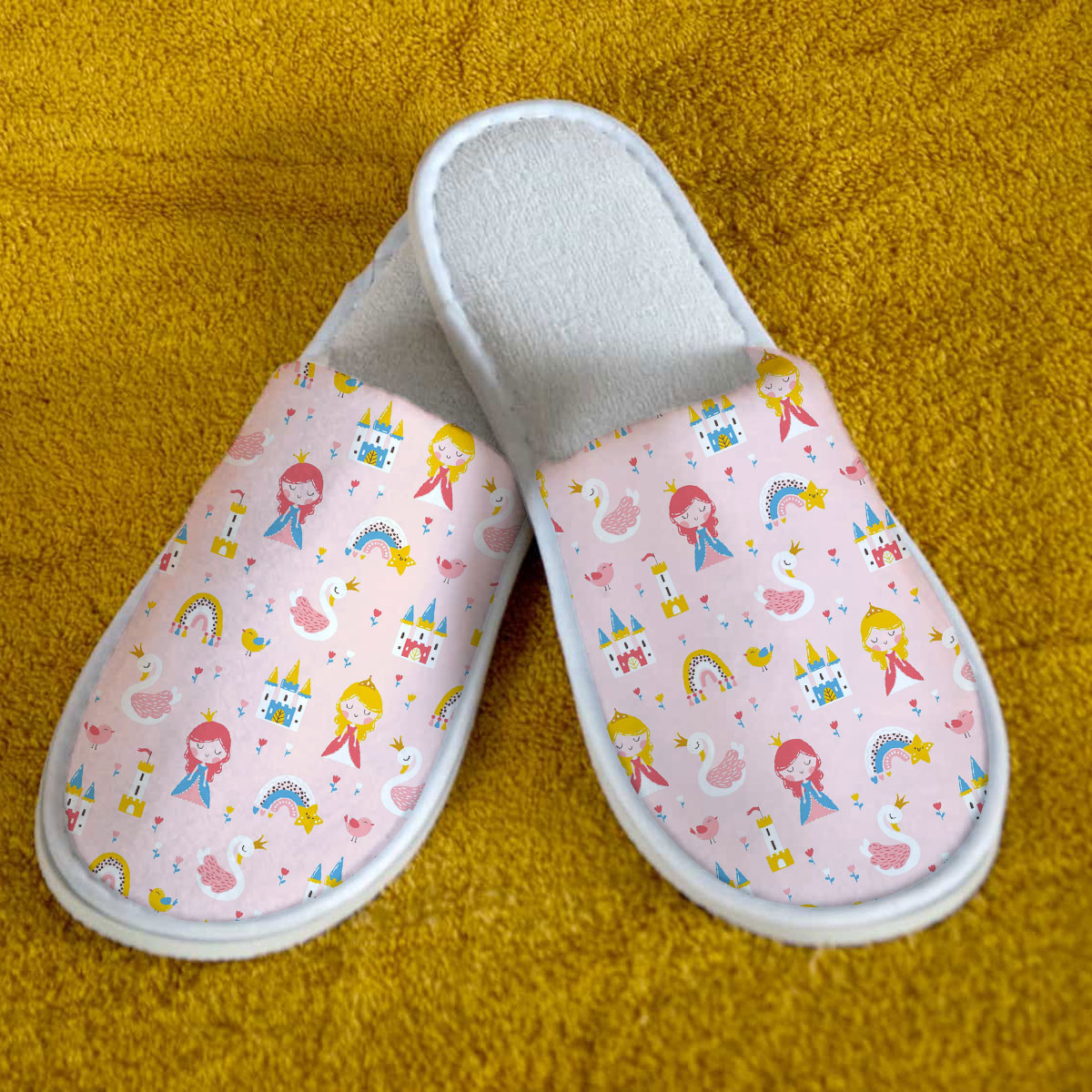 Princess With Swan Castle Rainbow And Flowers Slipper