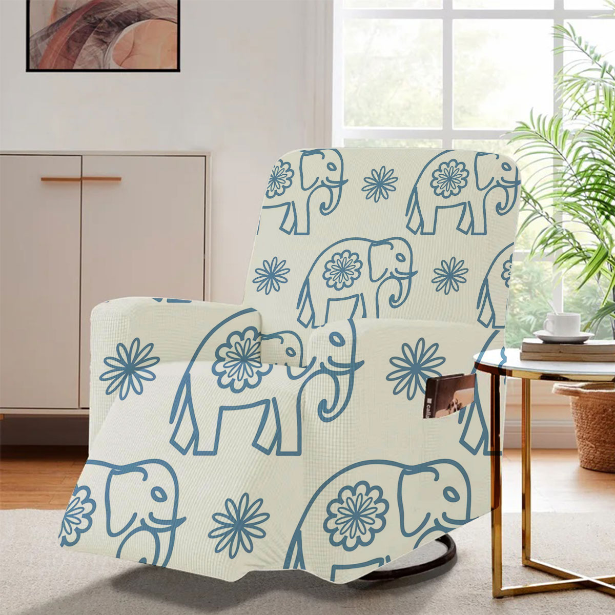 Blue Flower Asian Elephant Recliner Slipcover 6