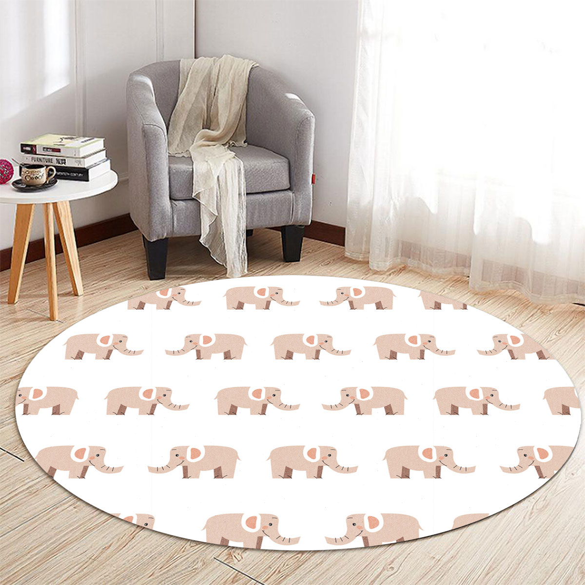 Beige African Elephant Round Carpet 6