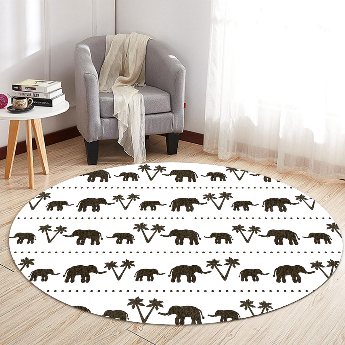 Black And White African Elephant Round Carpet 6